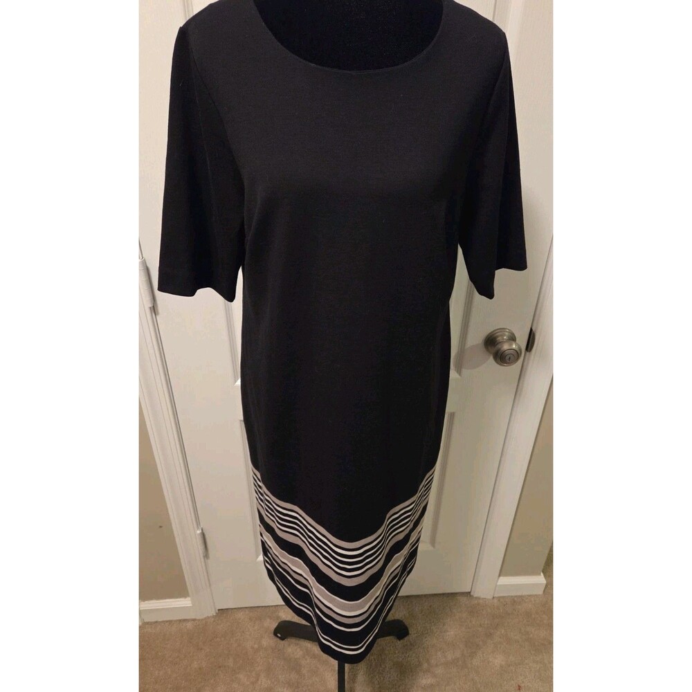 Christopher & Banks Black/White Striped Shift Dress Round Neck 3/4 Zip - 12